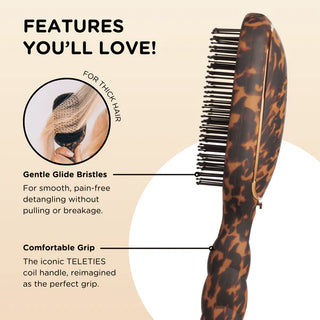 Hairbrush with tortoiseshell pattern and features highlighted on a beige background