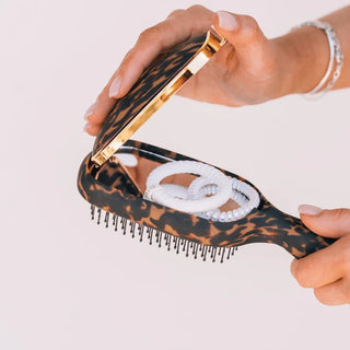 Hand holding a leopard print hairbrush with a white background