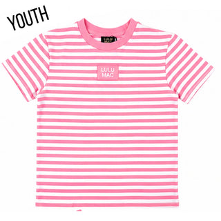 A pink and white striped short-sleeve t-shirt for youth, featuring a small pink chest patch with the text 'LULU MAC' and a black neck label. The word 'YOUTH' is written in black text in the top-left corner.