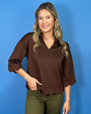 Downtown Chocolate Scalloped Detail V-Neck Top - All About You
