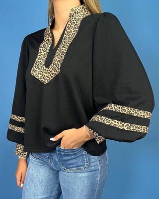 Downtown Leopard V-Neck Balloon Sleeve Black Top - All About You