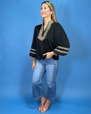 Downtown Leopard V-Neck Balloon Sleeve Black Top - All About You