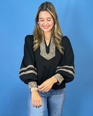 Downtown Leopard V-Neck Balloon Sleeve Black Top - All About You