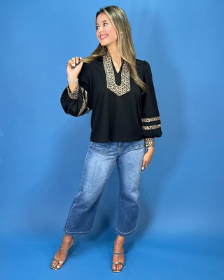 Downtown Leopard V-Neck Balloon Sleeve Black Top - All About You