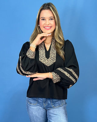 Downtown Leopard V-Neck Balloon Sleeve Black Top - All About You