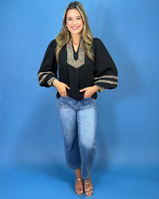 Downtown Leopard V-Neck Balloon Sleeve Black Top - All About You