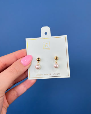 eNewton Classic 8mm Ball Drop Stud Pearl Earrings in classic gold featuring polished 8mm gold ball studs with elegant pearl drop accents and secure post backs displayed on an eNewton jewelry card.