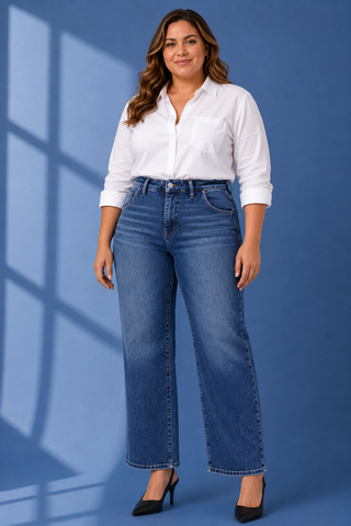 A woman modeling a pair of high-waisted, wide-leg blue jeans with a white button-down shirt and black heels, standing against a blue studio backdrop with window shadow projections.