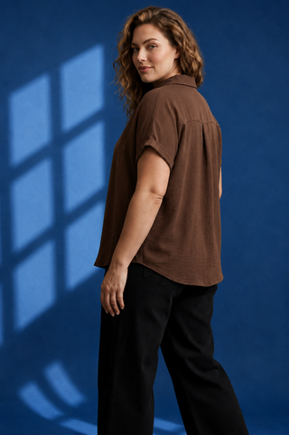 PLUS Coffee Date Brown Collared V-Neck Woven Top