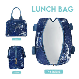 Blue lunch bag with sea creature pattern on a white background