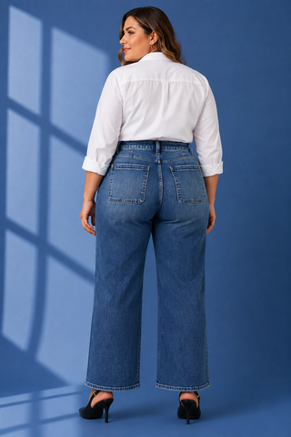 A woman shown from the back wearing high-waisted, wide-leg blue jeans, a white button-up shirt, and black heels, standing against a blue studio backdrop with windowpane shadows.
