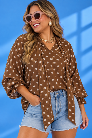 PLUS Caramel Macchiato Long Sleeve Polka Dot Tie Neck Top