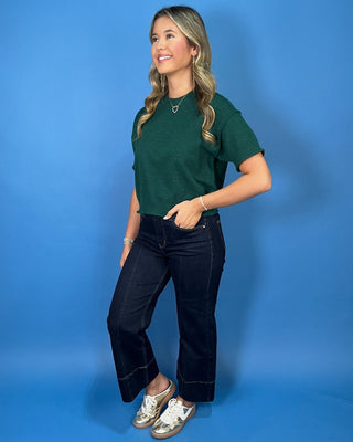 Effortless Evergreen Short Sleeve Raw Seam Knit Sweater - All About You