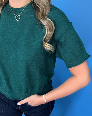 Effortless Evergreen Short Sleeve Raw Seam Knit Sweater - All About You