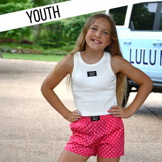 Polka Dot Boxer Shorts featuring a pink and white polka dot print, 100% cotton, elastic waistband, and relaxed fit.