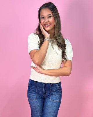 Elegant Ecru Beaded Bow Detail Sweater Top - All About You