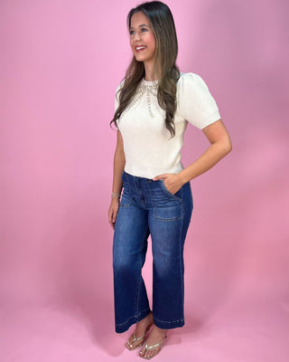 Elegant Ecru Beaded Bow Detail Sweater Top - All About You Boutique & Gifts