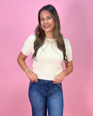 Elegant Ecru Beaded Bow Detail Sweater Top - All About You Boutique & Gifts
