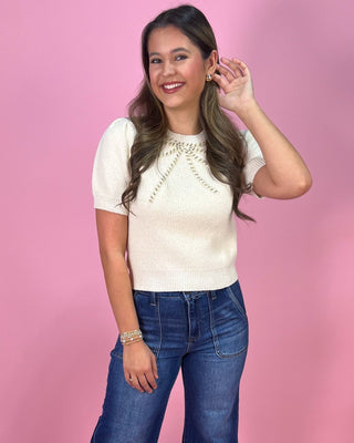 Elegant Ecru Beaded Bow Detail Sweater Top - All About You Boutique & Gifts