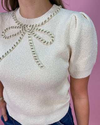 Elegant Ecru Beaded Bow Detail Sweater Top - All About You Boutique & Gifts