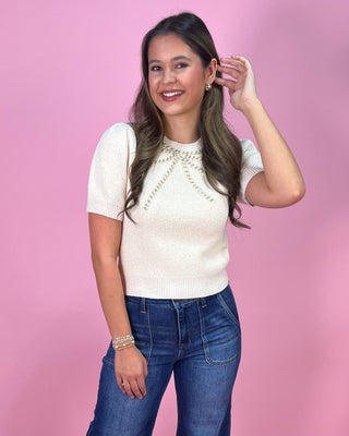 Elegant Ecru Beaded Bow Detail Sweater Top - All About You Boutique & Gifts
