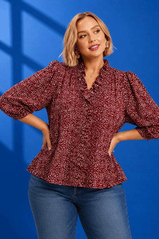 Elegant Wine Smock Detail V-Neck Floral Print Top - All About You