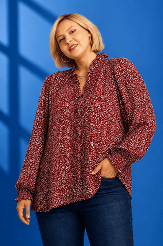 Elegant Wine Smock Detail V-Neck Floral Print Top - All About You