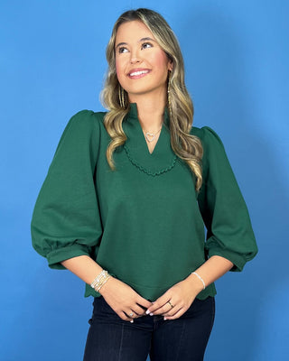 Emerald Luxe Puff Sleeve Scallop Hem Top - All About You