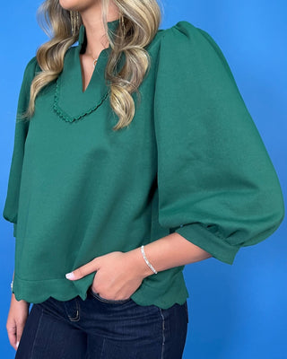 Emerald Luxe Puff Sleeve Scallop Hem Top - All About You