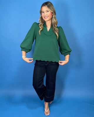 Emerald Luxe Puff Sleeve Scallop Hem Top - All About You