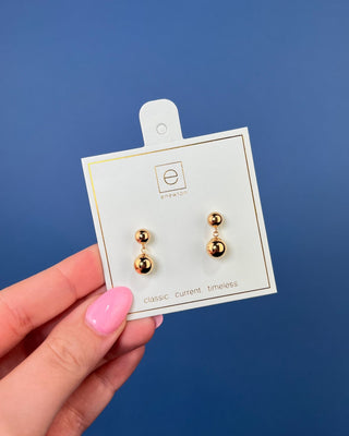 eNewton Classic 8mm Ball Drop Stud Earrings in classic gold featuring polished gold ball studs with suspended 8mm gold ball