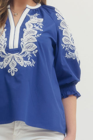 Blue blouse with white lace embroidery on a plain background
