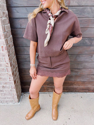 Espresso Chic Collared Top & Lace Trim Skort Set - All About You