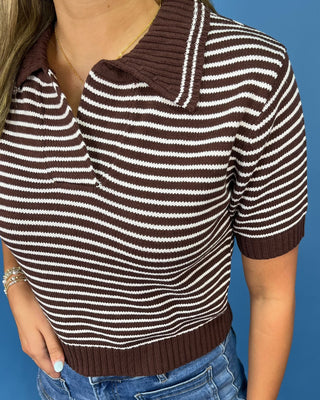 Espresso & Cream Stripe Knit Polo Top - All About You
