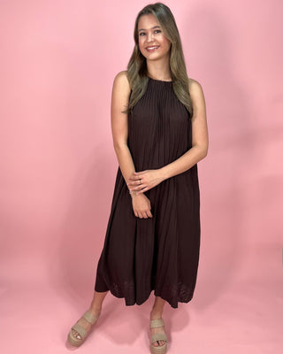 Espresso Elegance Ribbed Halter Neck Maxi Dress – All About You