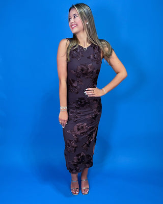 Evening Bloom Mocha Textured Floral Midi Dress - All About You