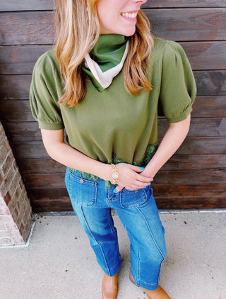 Evergreen Beauty Lace Detail Puff Sleeve Olive Knit Top - All About You