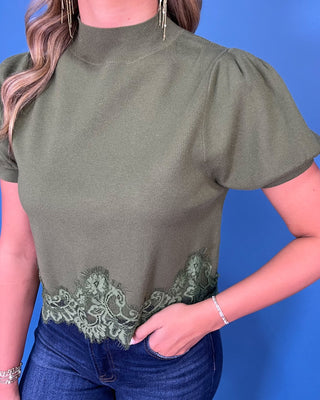 Evergreen Beauty Lace Detail Puff Sleeve Olive Knit Top - All About You