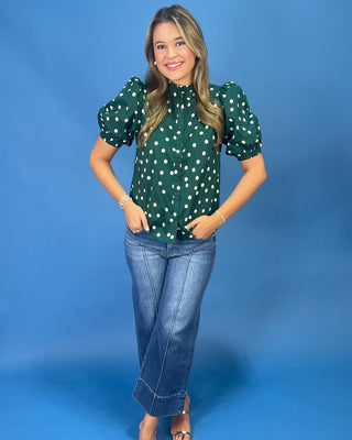 Evergreen Charm Polka Dot Puff Sleeve Top - All About You