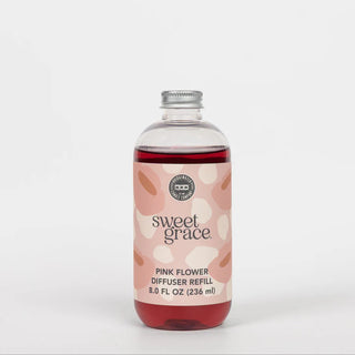 Bottle of 'sweet grace' pink flower diffuser refill on a white background