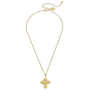 Gold necklace with a cross pendant on a white background