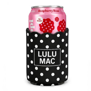 Pink can of raspberry rose pop with a black polka dot can cooler labeled 'LULU MAC' on a white background