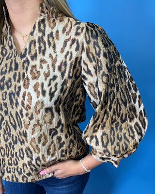 Fall In The Wild Leopard Jaquard Ruffle Collar Top - All About You