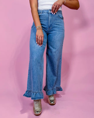 Flirty Finish Wide Leg Ruffle Detail Jeans - All About You