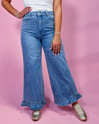 Flirty Finish Wide Leg Ruffle Detail Jeans - All About You