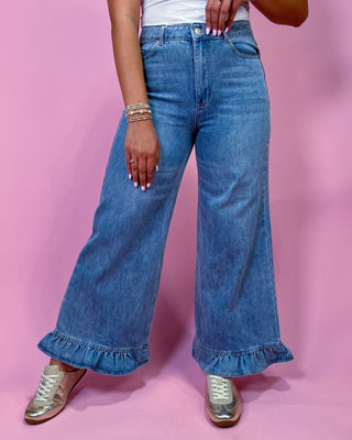 Flirty Finish Wide Leg Ruffle Detail Jeans - All About You