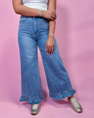 Flirty Finish Wide Leg Ruffle Detail Jeans - All About You