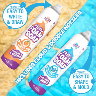 Two bottles of Fluffy Foam Soap, one orange and one blueberry, on a textured surface with text highlighting features.