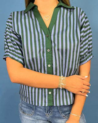Forest Breeze Stripe Cotton Button Up Top - All About You