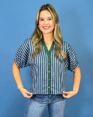 Forest Breeze Stripe Cotton Button Up Top - All About You